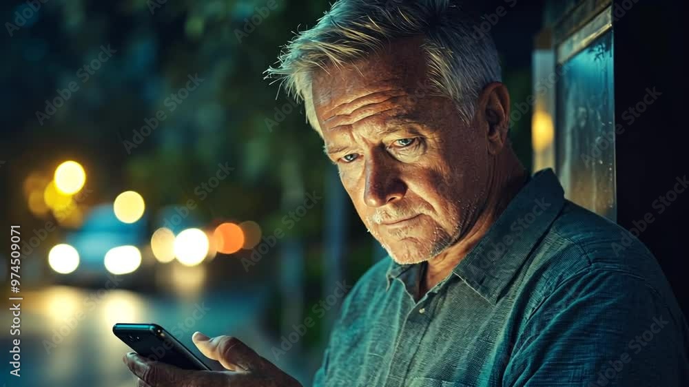 Aufkleber man using cellphone at night under street lights in a urban setting generative ai
