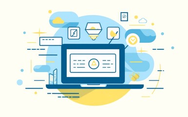 ector Illustration of an Email on a Screen Surrounded by Marketing Icons, with a Light Blue Background and White and Yellow Colors