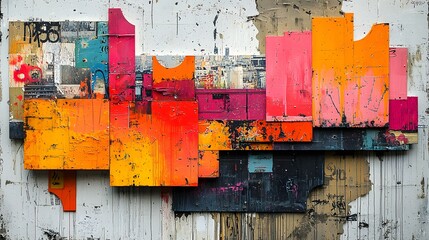 A fusion of street art and photography layered with abstract textures in a contemporary collage. The urban aesthetic shines through with graffiti-style elements, bold color schemes, and photographic