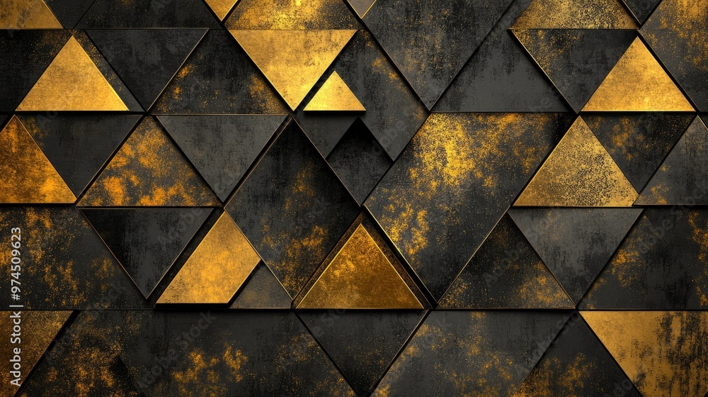 Poster elegant background featuring geometric golden triangles and squares arranged in a luxurious pattern.