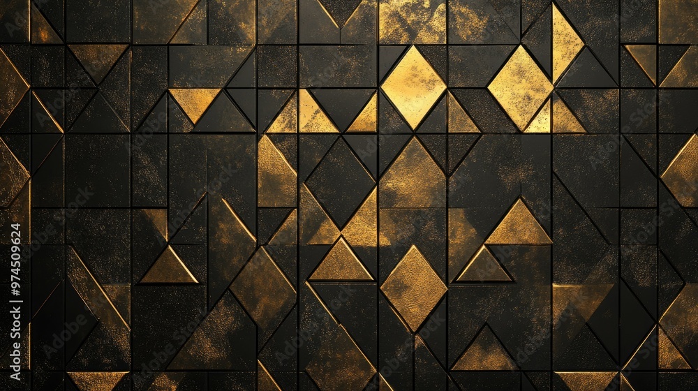 Poster elegant background featuring geometric golden triangles and squares arranged in a luxurious pattern.