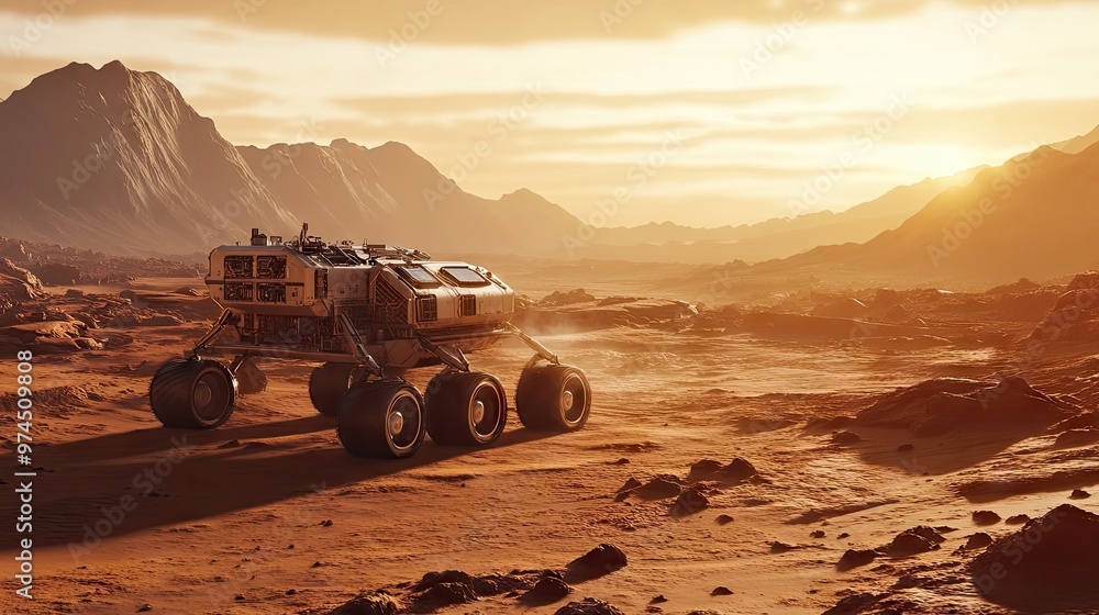 Poster a robotic rover exploring mars' surface, powered by advanced space exploration technology.