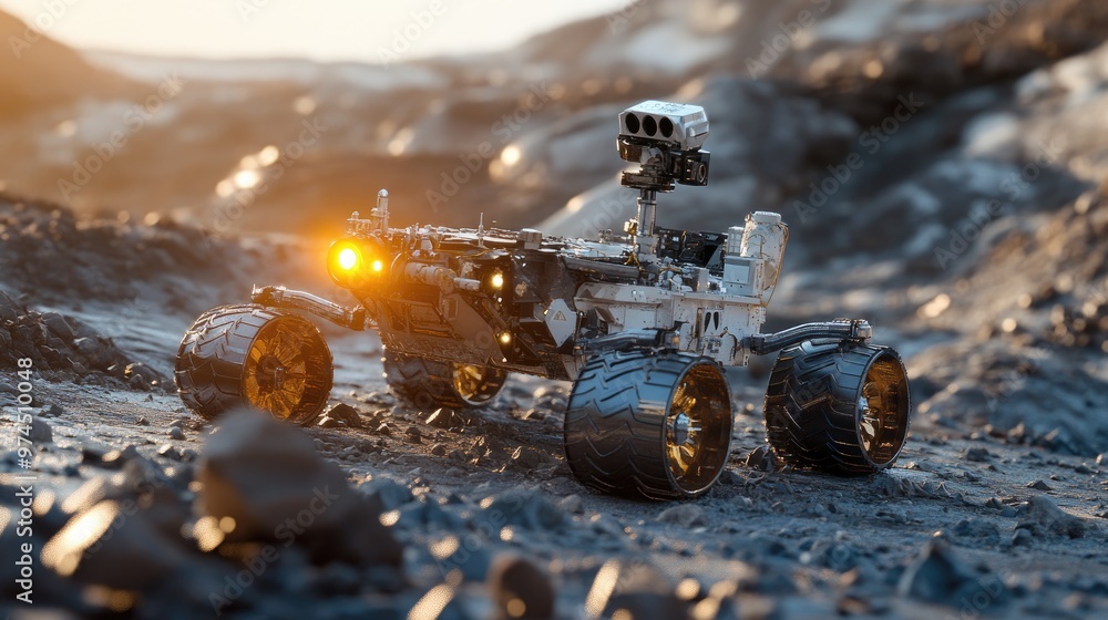 Poster a robotic rover exploring mars' surface, powered by advanced space exploration technology.