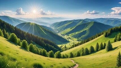 Obraz premium Sunbeams shining through a valley in the mountains.