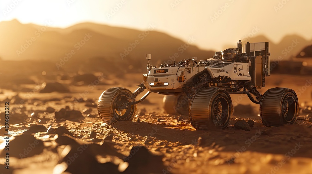 Poster a robotic rover exploring the surface of a distant planet, highlighting the advancements in space ex