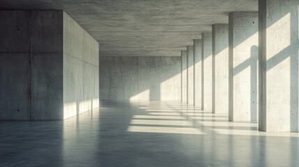 Empty interior space with concrete walls in a 3D render, emphasizing simplicity and openness.