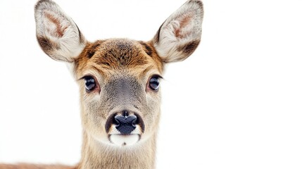 Fototapeta premium Endearing close-up of a young female deer with a gentle expression, standing out against a pristine white backdrop