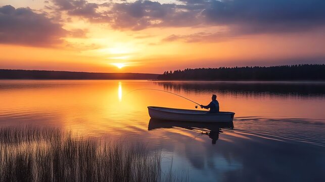 A man is fishing in a boat at sunset.