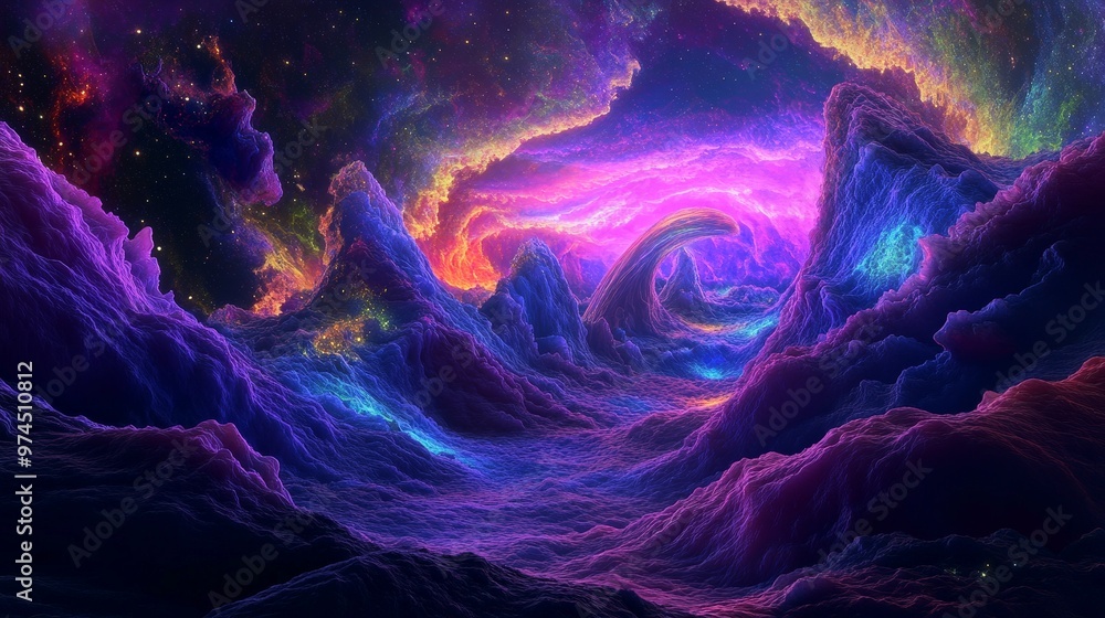 Poster an ethereal psychedelic space scene with pulsating, neon galaxies and swirling cosmic patterns.