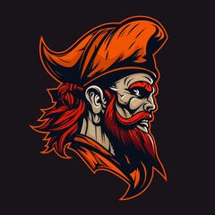 Pirate captain mascot. Ai generated corsair cartoon character head profile. Marine rover in red tricorn hat and rugged beard with mustache frame tanned face, marked by scares of high-seas adventures