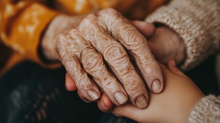 Fototapeta premium A close-up of an elderly person hands, weathered but strong, holding a younger person's hand, symbolizing intergenerational connection.