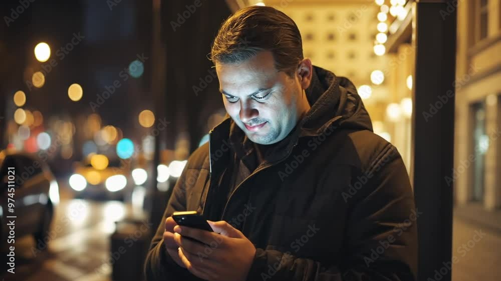 Poster man using cellphone while standing on a city street at night generative ai