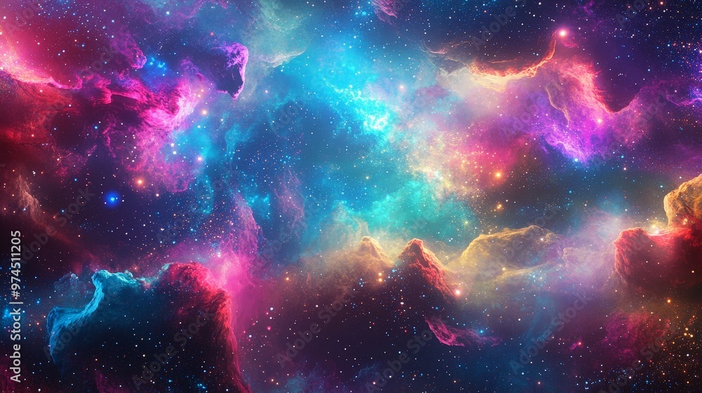 Poster an otherworldly psychedelic space environment with a kaleidoscope of colors and distorted star forma