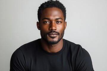 confident african american man in a wellfitted black tshirt standing against a clean white background perfect for showcasing apparel designs or branding
