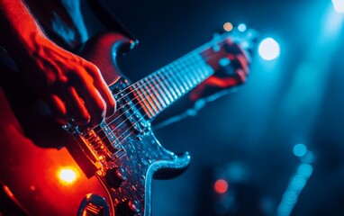 Obraz premium A close-up of a guitarist playing an electric guitar on stage, illuminated by colorful stage lights.