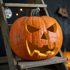 Halloween jack o lantern pumpkin placed on ladder.
