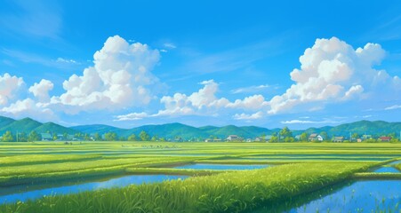 Fototapeta premium Wide View of Expansive Rice Fields in Japan with Cel Shading Under Clear Blue Skies