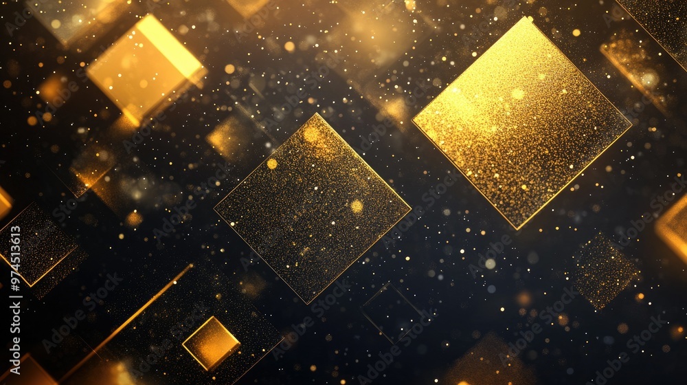 Poster luxurious golden geometric texture with abstract triangles and squares on a dark background.