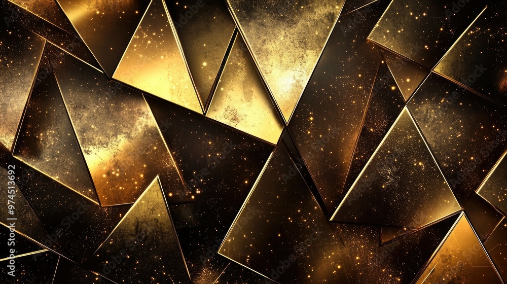 Poster luxurious golden geometric texture with abstract triangles and squares on a dark background.