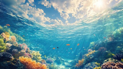 A serene ocean scene with coral reefs and marine life, emphasizing the importance of ocean conservation and protecting biodiversity.