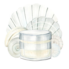 Makeup jar and seashells. Watercolor Clip Art on a white background. The illustration is hand drawn in pastel colors. Suitable for card designs, textiles and scrapbooking.
