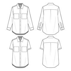 Technical vector flat sketch of a relaxed-fit button-down shirt design template. Front and back views of a white shirt mock-up.