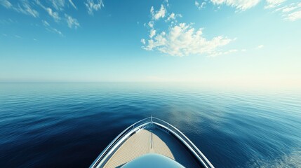 Majestic yacht bow slicing through a vibrant blue sea, the endless horizon blending with a cloudless sky.
