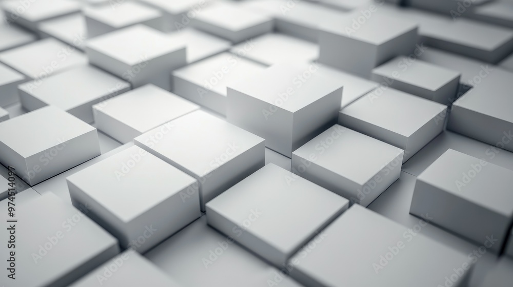 Poster minimalist 3d graphic of white and grey squares with soft shadows creating an abstract background.