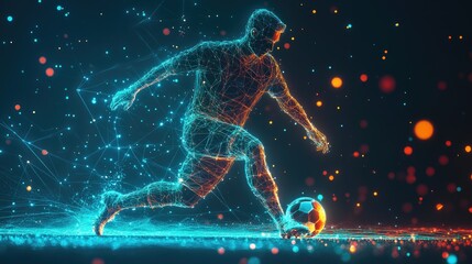 Naklejka premium A single-color football player illuminated by AI-powered data streams, analyzing every move for optimal performance.