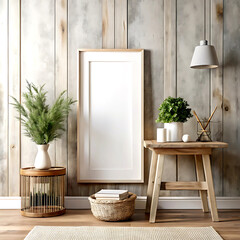 Blank wall mockup in interior background with rustic decor, 3d render, white Mock up