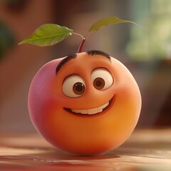 Happy, Adorable Cartoon Fruit Character with Leaf and Bright Smile