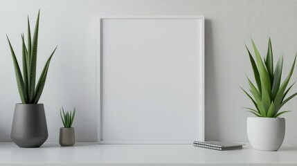 Minimalist desk setup featuring a white blank frame and an aloe vera plant, perfect for showcasing designs or messages