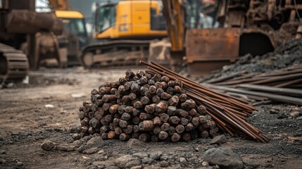 Fototapeta premium Construction Site with Pile of Rebar and Heavy Equipment