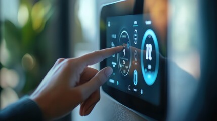 A detailed shot of a person hand adjusting a smart thermostat, with an eco-friendly setting visible on the screen, promoting energy efficiency.
