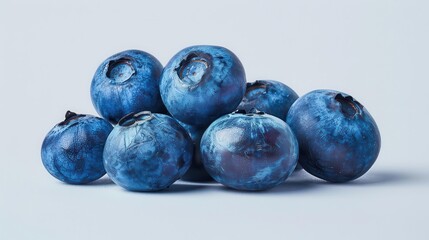 Obraz premium Detailed macro photograph of a cluster of blueberries with a white background, emphasizing their smooth texture and deep blue hues,