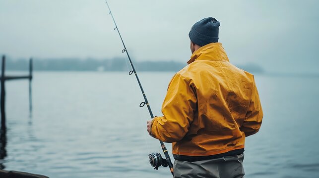 A man is fishing from a rocky point on the ocean shore.