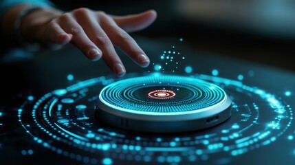 A detailed shot of an AI-enabled smart assistant display responding to a spoken command, with a person's hand gesturing nearby.