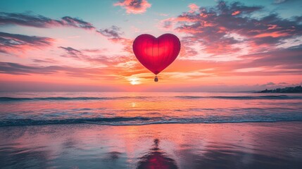 A large pink heart balloon floating above a tranquil ocean at sunset. Concept: Love, serenity, and romance.