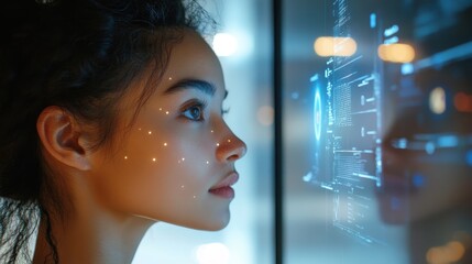 A detailed view of an AI-driven smart mirror displaying personalized information as a person stands in front of it, blending daily routines with technology.
