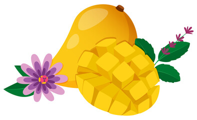 Minimalistic Mango with Tulsi Leaves and Passion Flower - Tropical Fruit Vector Art