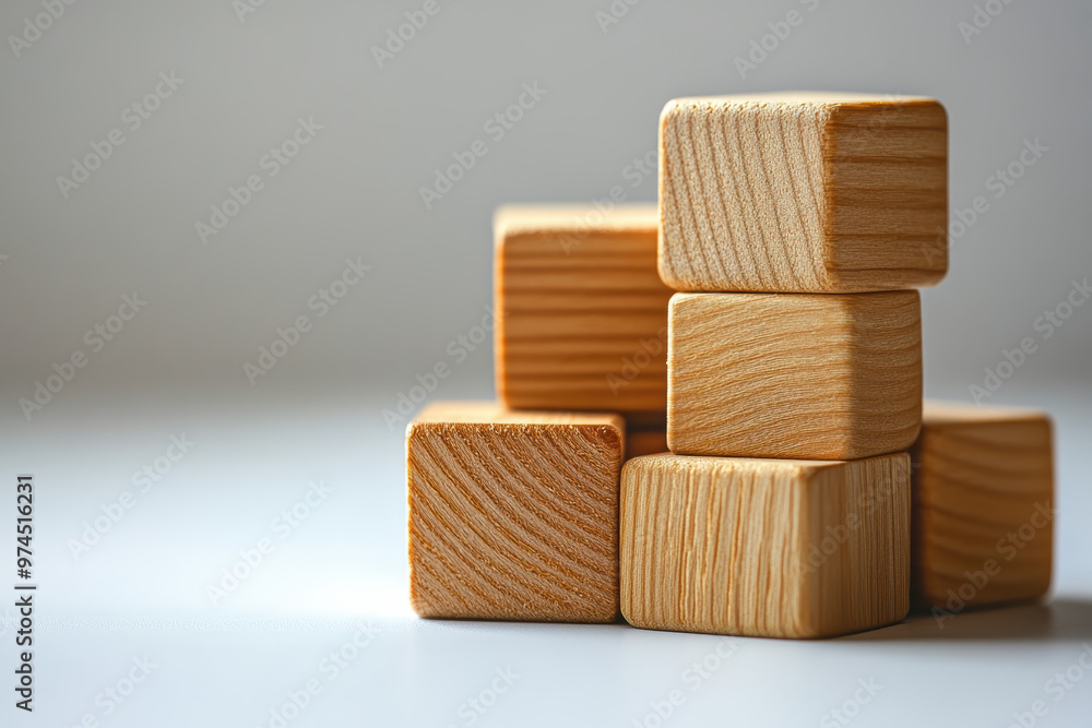 Poster minimalist stack of wooden blocks against a simple background, emphasizing clean lines and natural t