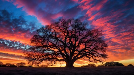 vibrant large oak tree silhouette