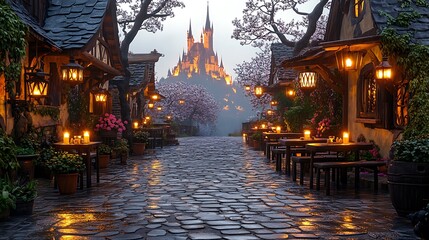 Fototapeta premium Cobblestone Street with Medieval Castle in the Background