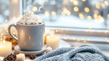 Fototapeta premium A steaming cup of hot chocolate with whipped cream sits by a window, surrounded by candles and cozy décor. Warmth and comfort concept.