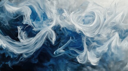 Luminous white and blue smoke forming intricate swirls in a surreal abstract atmosphere