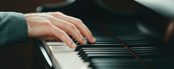 Hands playing a grand piano in a dimly lit concert hall with soft focus on music and art
