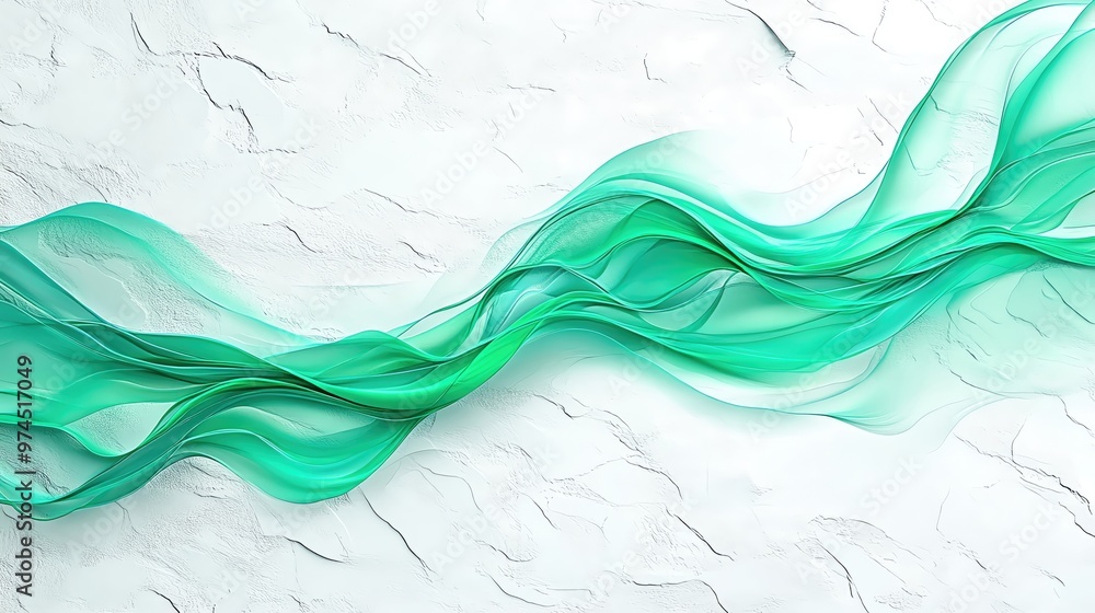 Poster elegant green waves gracefully flowing across a textured white background, creating a serene and mod