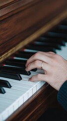 Fototapeta premium Hands playing an upright piano in a dimly lit room, creating an intimate musical atmosphere