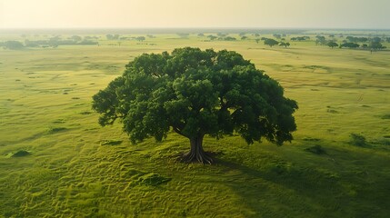 Aerial View of a Large Tree in a Green Meadow