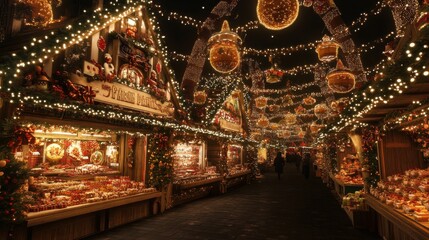 Obraz premium Festively decorated market with twinkling lights and holiday decorations during nighttime in a charming winter setting